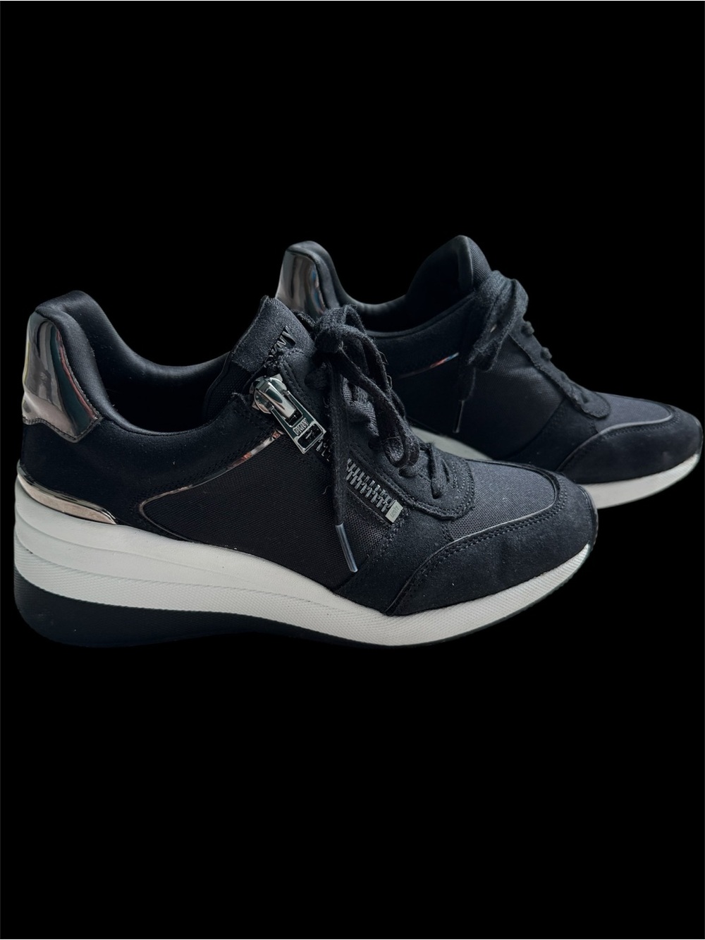 DKNY Black Wedge Lace-Up Sneakers with Metallic Heel Detail